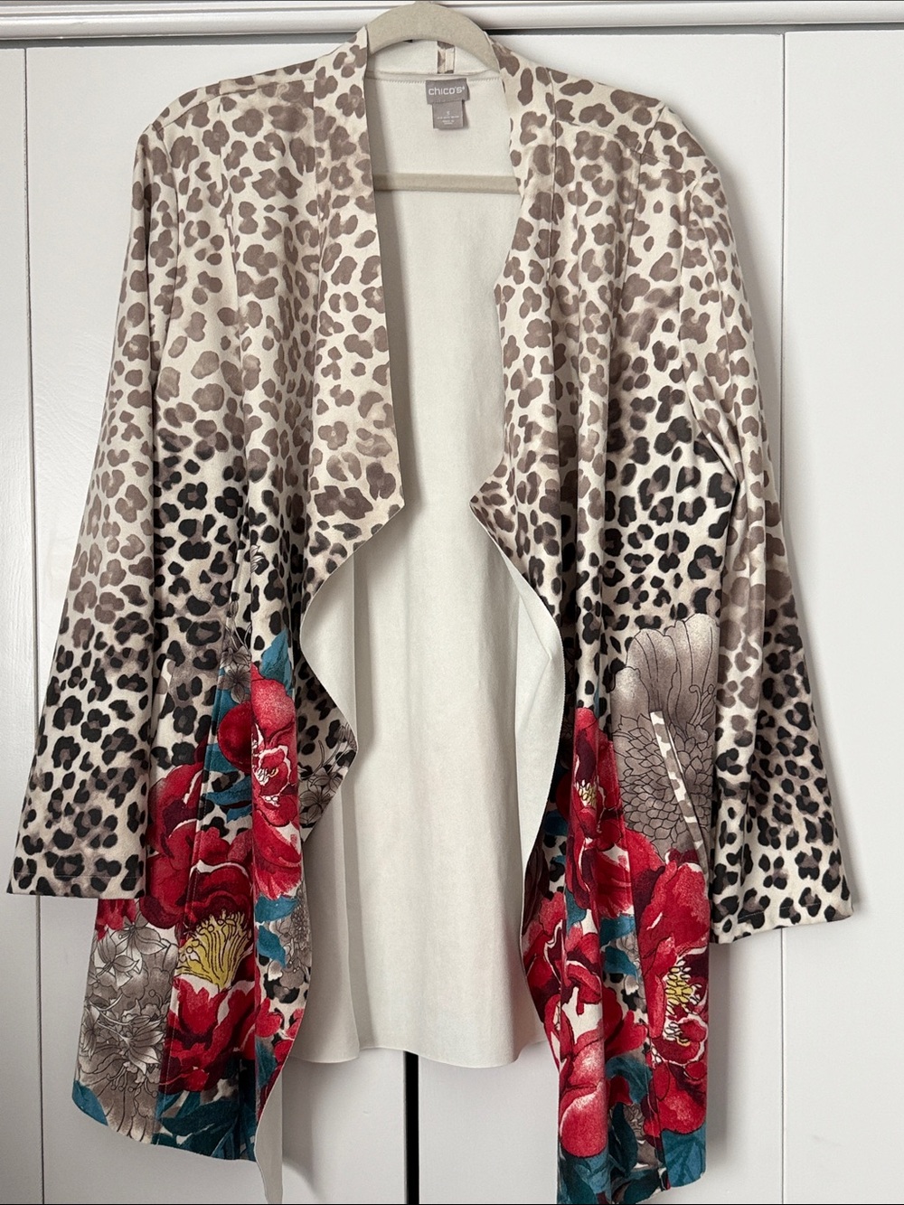 Chico's Beige Leopard Cardigan with Red & Teal Floral Hem